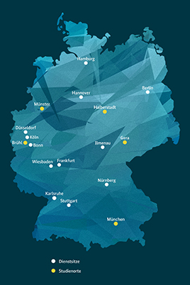 Karte mit den ITZBund Standorten und Studienorten (Quelle: Serviceplan/ ITZBund) Karte mit den ITZBund Standorten und Studienorten